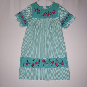 Vtg House Dress Large Blue Chambray Stripe Embroidered 60s Short Sleeve Midi